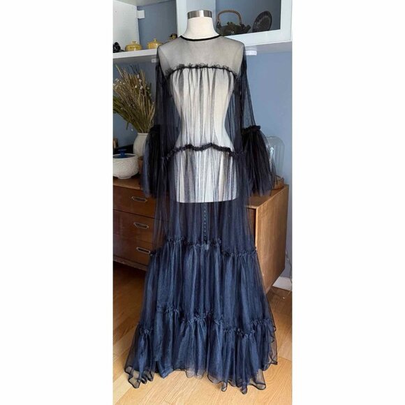 Black Mesh Sheer Tulle Maxi Dress Gothic Flowy Swing Size S/M - Picture 9 of 9
